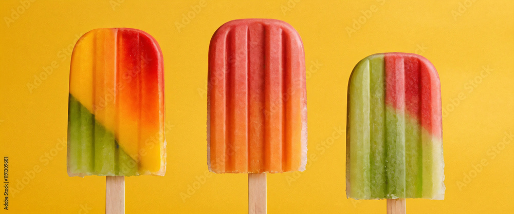 Colorful Assorted Popsicles Standing Against Yellow Background