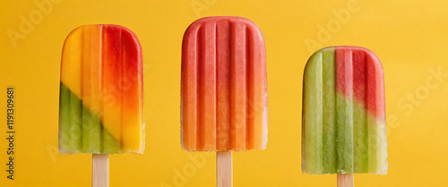 Obraz na płótnie Colorful Assorted Popsicles Standing Against Yellow Background w salonie