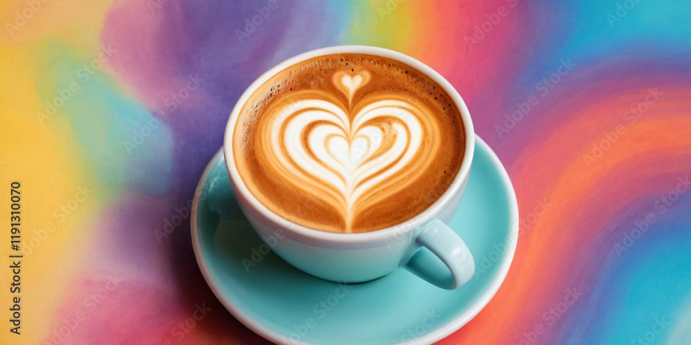 Cup of Coffee With Heart Latte Art on Colorful Background