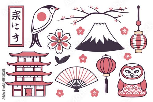 Japanese icons, cultural symbols, traditional elements, flat design, colorful, kawaii style, Daruma doll, koi fish, sushi, Daruma doll, pagoda, tea ceremony, Mount Fuji, crow, Yin Yang, cherry blossom