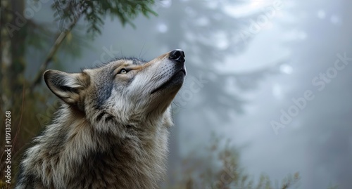 Gray wild wolf looking up, mystic junglecore, balance, scoutcore photo