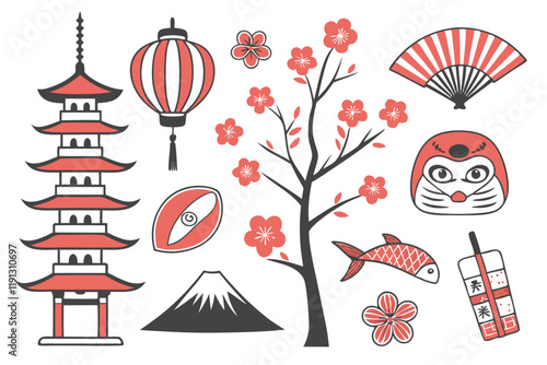 Japanese icons, cultural symbols, traditional elements, flat design, colorful, kawaii style, Daruma doll, koi fish, sushi, Daruma doll, pagoda, tea ceremony, Mount Fuji, crow, Yin Yang, cherry blossom