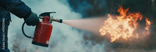 Firefighter using fire extinguisher to put out flames in forest fire, demonstrating fire safety and emergency response during dangerous wildfire situation
