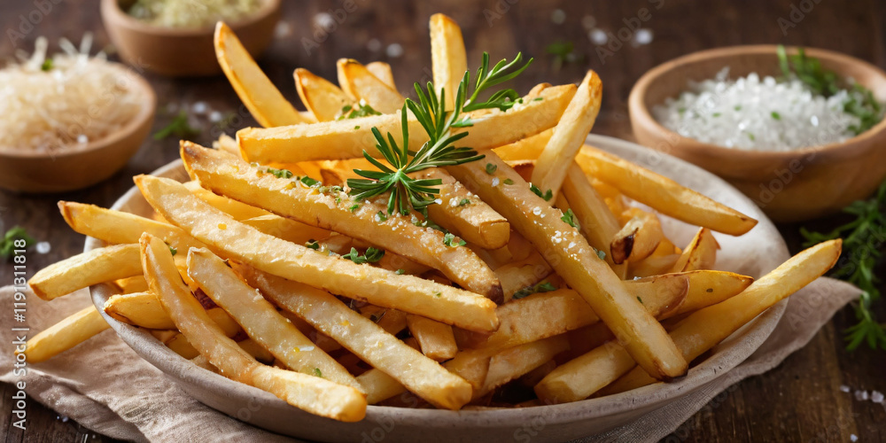 High-quality image of golden, crispy French fries sprinkled with sea salt and fresh herbs. Perfect for food and culinary themes
