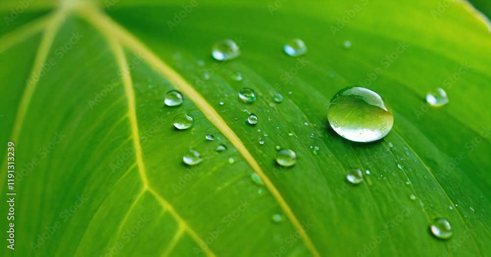Large beautiful drops of transparent rain water on a green leaf macro. Drops of dew in the morning glow in the sun. Beautiful leaf texture in nature. Natural background