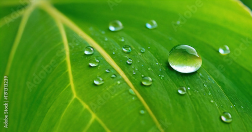 Obraz na płótnie Large beautiful drops of transparent rain water on a green leaf macro. Drops of dew in the morning glow in the sun. Beautiful leaf texture in nature. Natural background w salonie