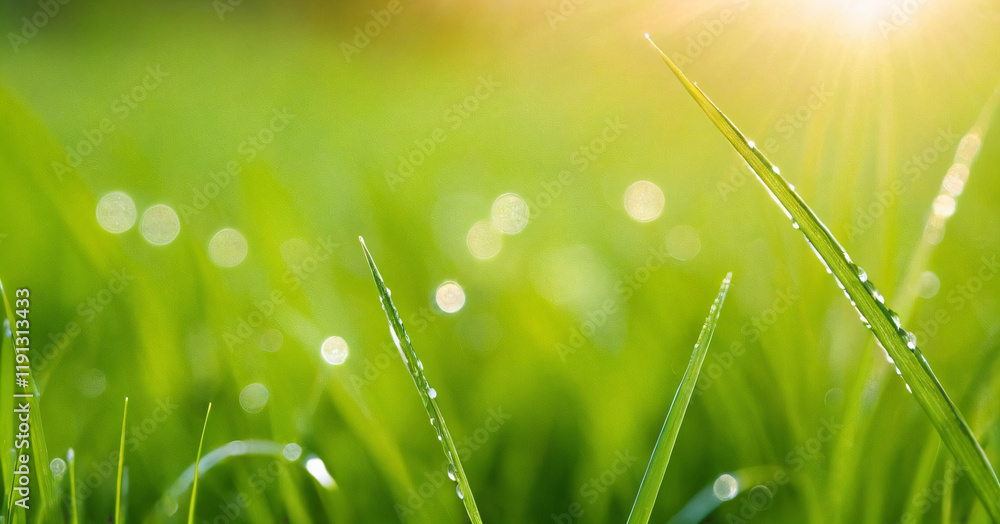 Macro photography of green grass with dew drops in the sunshine. Fresh morning dew on spring grass, abstract nature background.