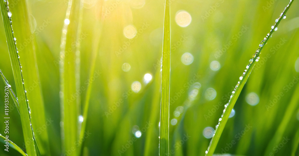 Macro photography of green grass with dew drops in the sunshine. Fresh morning dew on spring grass, abstract nature background.