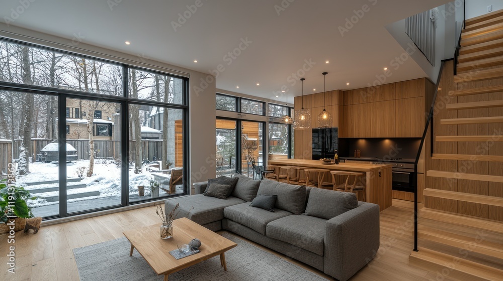 Modern living room with winter view and wooden accents. Modern living room with winter view and wooden accents.