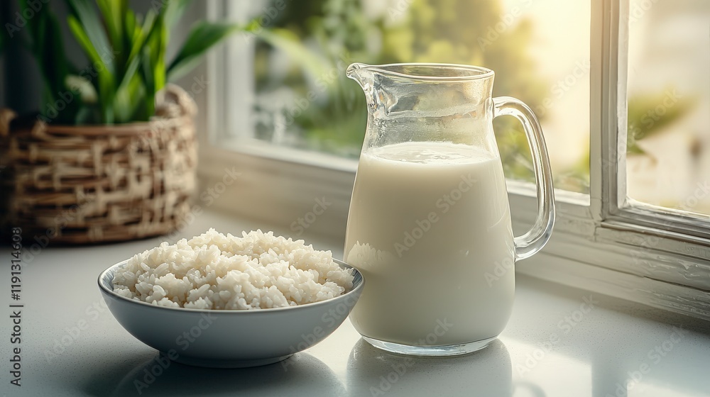 Refreshing rice milk jug and bowl on windowsill kitchen environment natural light culinary delight Refreshing rice milk jug and bowl on windowsill kitchen environment natural light culinary delight