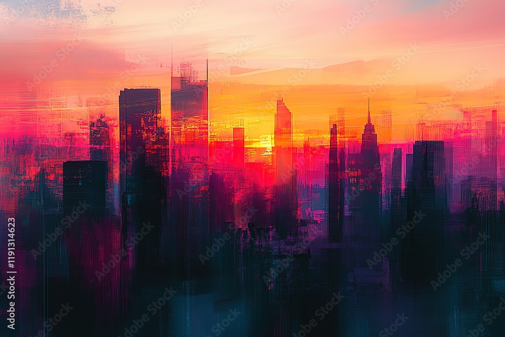 City skyline at sunset, vibrant colors City skyline at sunset, vibrant colors