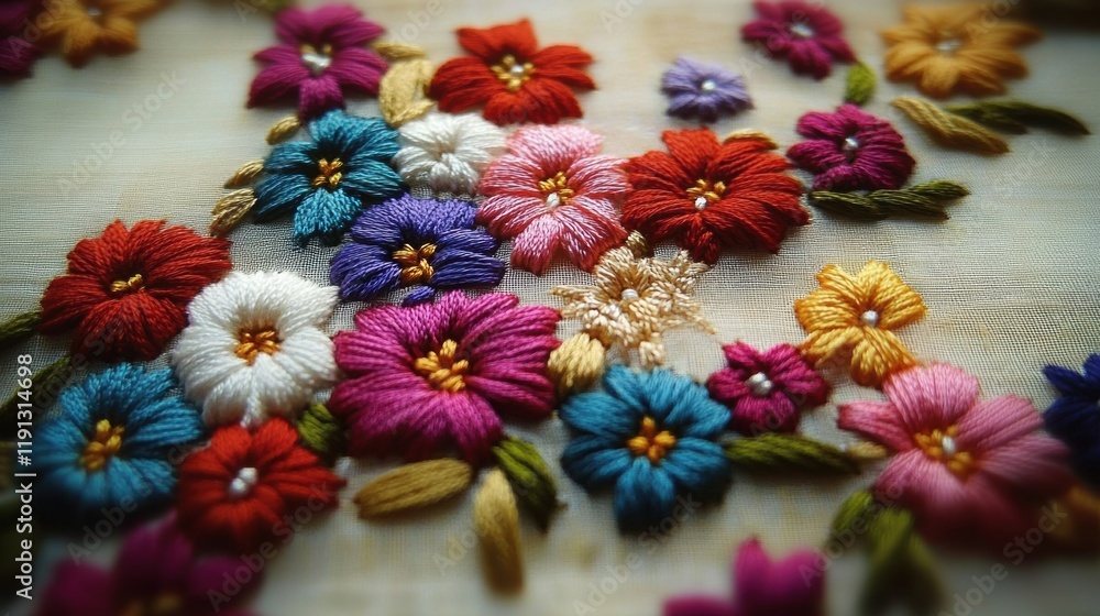 Fototapeta premium Close up of intricate ribbon embroidery showcasing vibrant flowers in various colors on fabric