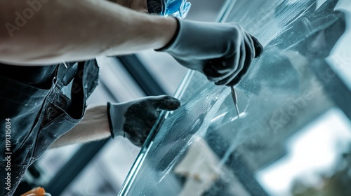 A close-up of a glazier fitting a large glass pane into a window frame, with suction cups and safety gear visible, Glass installation scene