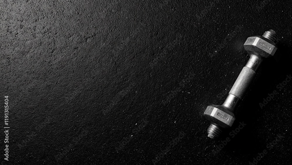 Top view of a black rubber mat with a shiny silver dumbbell in the bottom right corner Top view of a black rubber mat with a shiny silver dumbbell in the bottom right corner