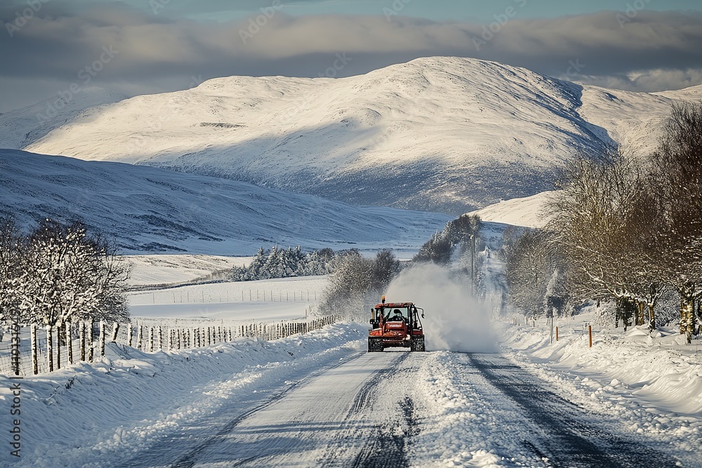 Snowplough clearing snow from a main road in the southwest of Scotland. Snowplough clearing snow from a main road in the southwest of Scotland.