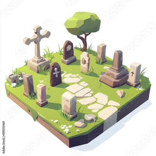 A cemetery with tombstones and crosses on a grassy field, Low-poly isometric game asset