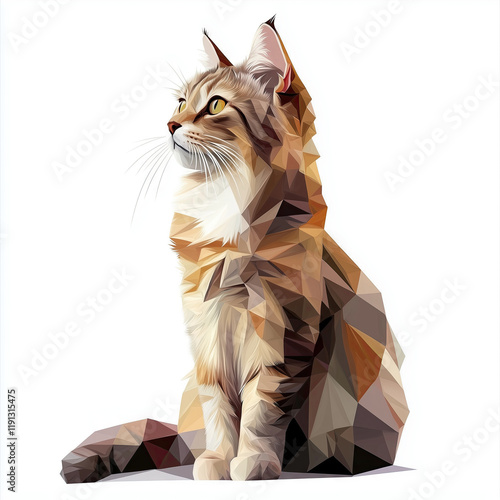 A low-poly cat, sitting on a white background photo