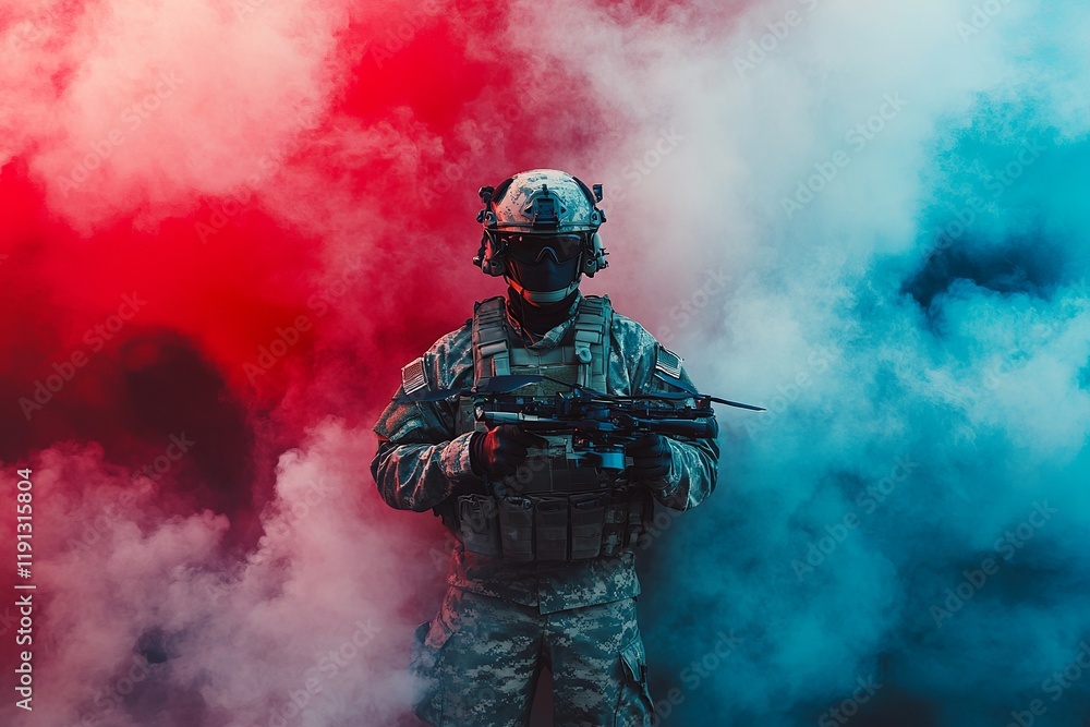 Soldier in gear holds drone against a red and blue smoky background, conveying intensity and military action Soldier in gear holds drone against a red and blue smoky background, conveying intensity and military action