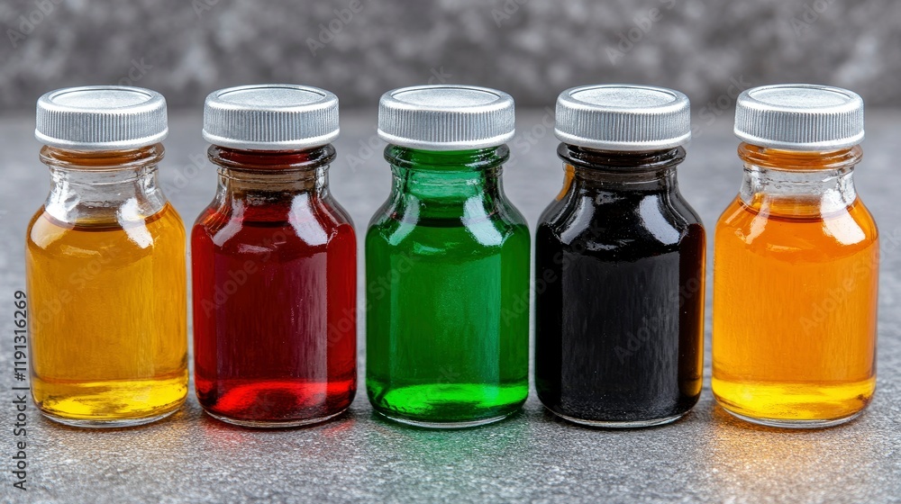 Five Small Bottles of Colorful Liquids on a Gray Surface Five Small Bottles of Colorful Liquids on a Gray Surface
