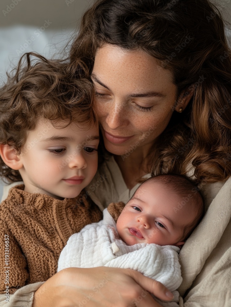 Tender Moment of Mother Embracing Her Children in Soft Light Tender Moment of Mother Embracing Her Children in Soft Light