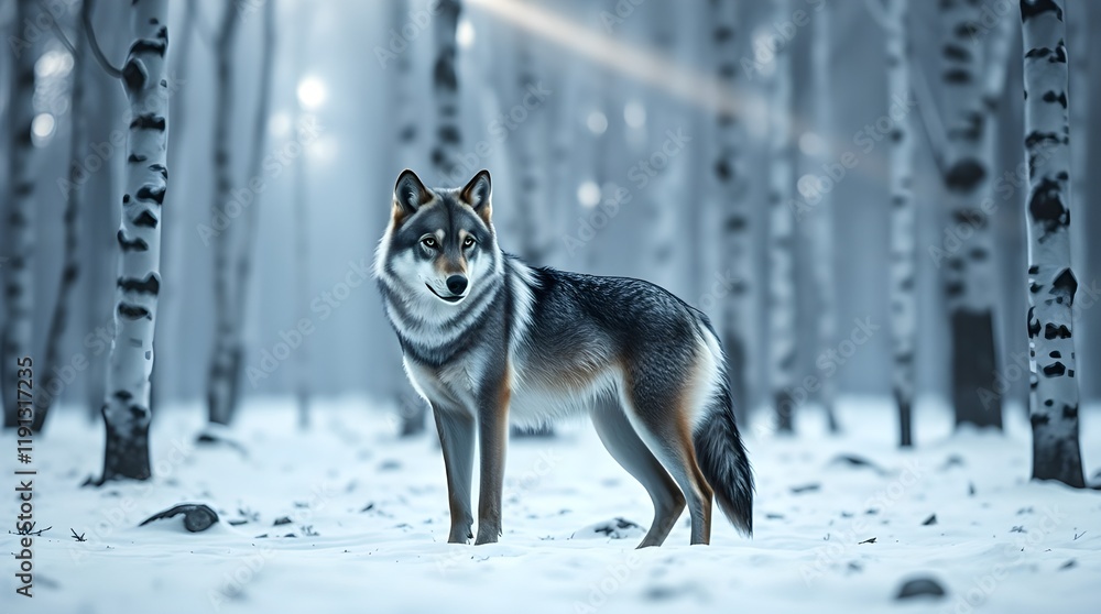 Naklejka premium A dreamlike surreal cinematic image of a large gray and white wolf, its fur shaggy and whiter on its chest and legs, standing in a snowy forest of blurred monochromatic birch trees.