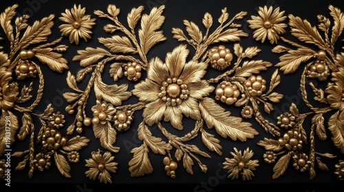 Close up view of intricate goldwork embroidery showcasing floral designs with rich detailing on a dark background photo