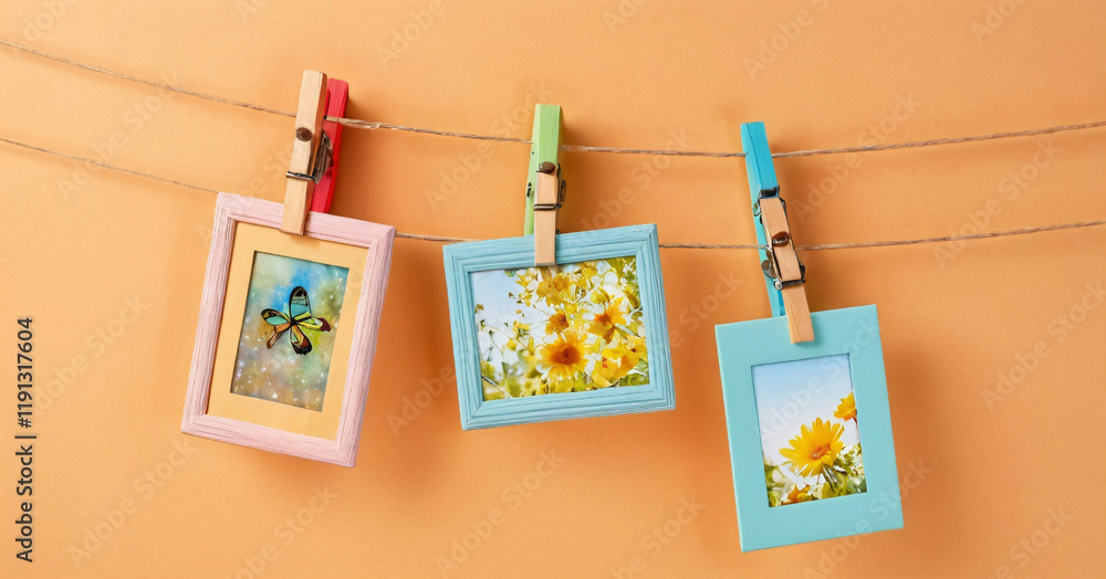 Photo frames. Decorated template frame on clothespin colorful image