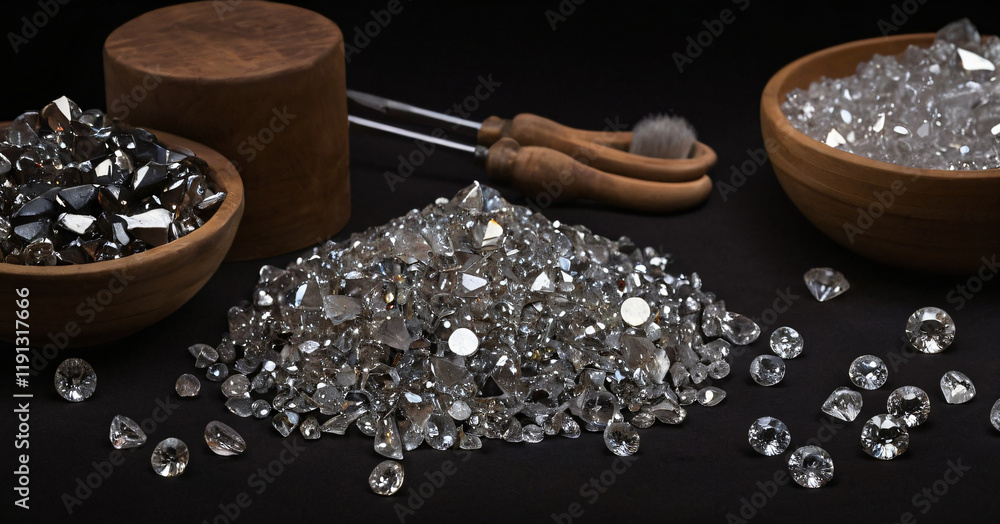 Polished and rough diamonds large sizes on table with tools for sorting and evaluating diamonds on black background with copy space.