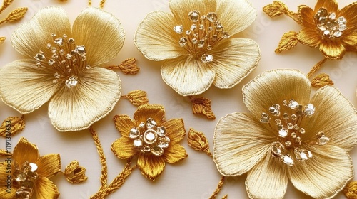 Close up of intricate goldwork embroidery featuring flowers and embellishments showcasing skilled craftsmanship photo