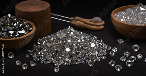 Obraz na płótnie Polished and rough diamonds large sizes on table with tools for sorting and evaluating diamonds on black background with copy space. w salonie