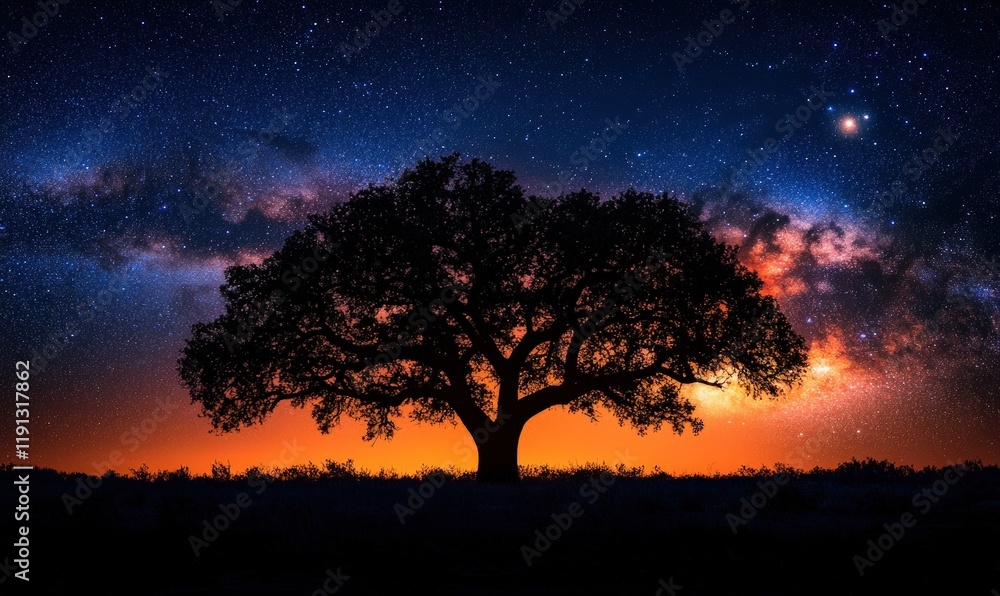 Fototapeta premium Silhouetted tree, starry night, vibrant sunset.