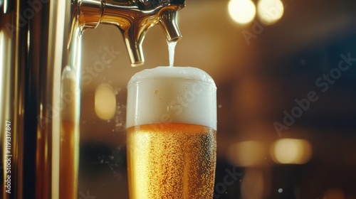 of cold beer being poured into a glass from a shiny beer tap in a lively pub setting