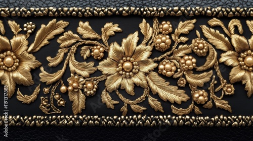 Close up of intricately designed goldwork embroidery featuring floral and leaf patterns against a dark background photo