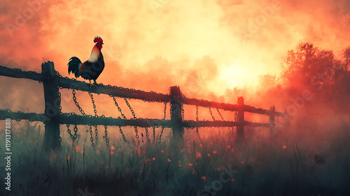 A wide-angle view of a peaceful sunrise with a rooster crowing on a wooden fence, broken chains in the foreground glistening in soft light, symbolic tones of freedom and redemption, intricate realism, photo