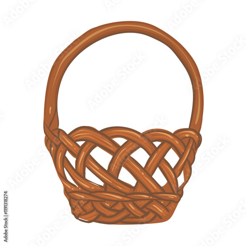 Wicker empty basket with long handle. Container for flowers, fruits, easter eggs. Vector icon isolated on white background wicker basket. Holiday element for decoration and natural product design.