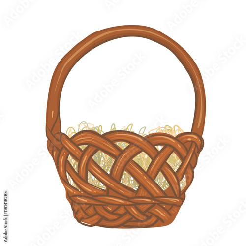 Festive wicker basket with straw and long handle. Container for flowers, fruits, Easter eggs, farm dairy products. Vector icon isolated on white background. Festive element for decoration.