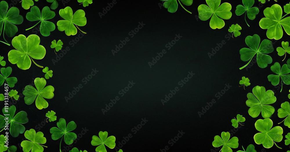 St. Patrick's Day leaves on black background. Patrick Day backdrop decorated with shamrock leaves. Patrick Day pub party. Space for your text. Art design, Wide format banner
