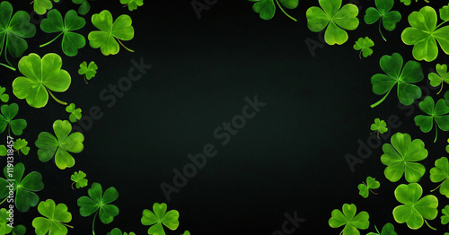 Obraz na płótnie St. Patrick's Day leaves on black background. Patrick Day backdrop decorated with shamrock leaves. Patrick Day pub party. Space for your text. Art design, Wide format banner w salonie