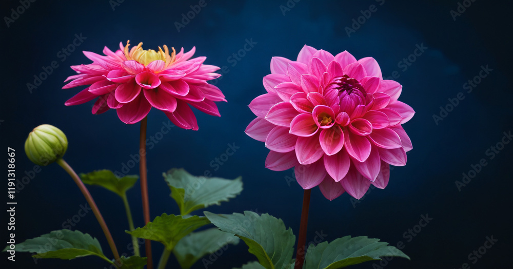 Vibrant pink dahlia in the garden on dark blue background with copy space.