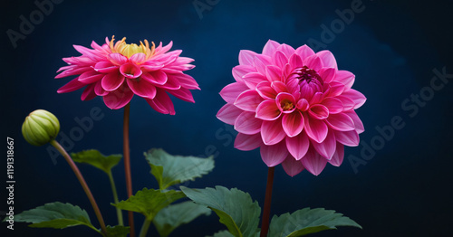 Vibrant pink dahlia in the garden on dark blue background with copy space.