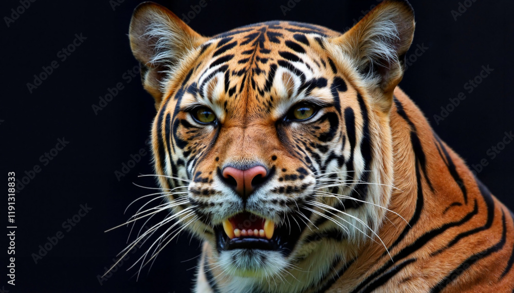 Naklejka premium Tiger with fierce expression against black background