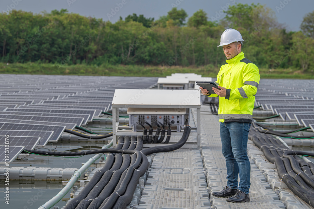 Obraz premium Engineer working at floating solar farm,checking and maintenance with solar batteries near solar panels,supervisor Check the system at the solar power station