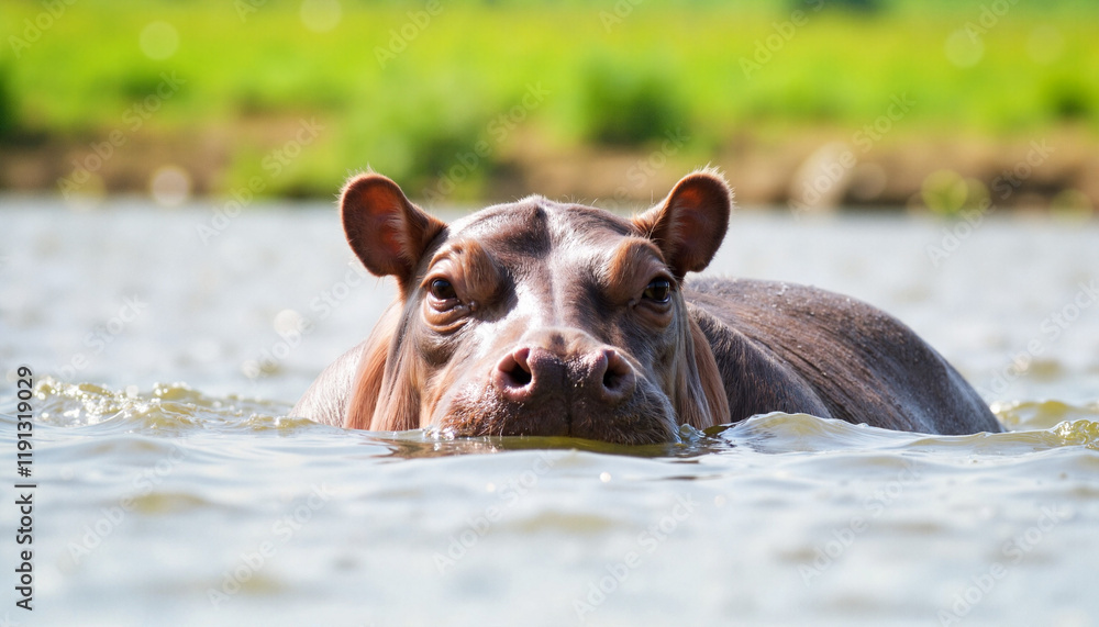 Fototapeta premium Swimming hippo in calm water