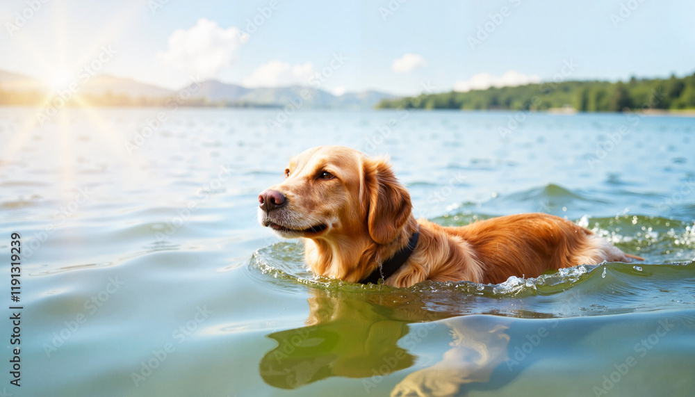 Swimming golden retriever in a serene mountain lake Swimming golden retriever in a serene mountain lake