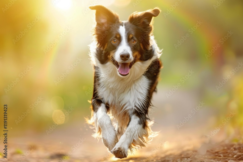 Border collie running on a path in summer vibrant rainbow lighting natural landscape joyful atmosphere Border collie running on a path in summer vibrant rainbow lighting natural landscape joyful atmosphere