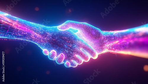  An innovative visualization of a digital handshake, where two abstract hands made of data constructs meet in a luminous space, symbolizing the trust and security in data exchange connections