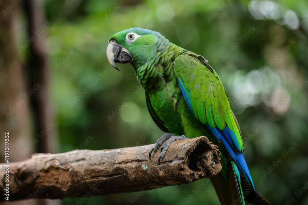 Obraz premium Vibrant green parrot on a branch tropical forest wildlife photography lush environment close-up nature beauty