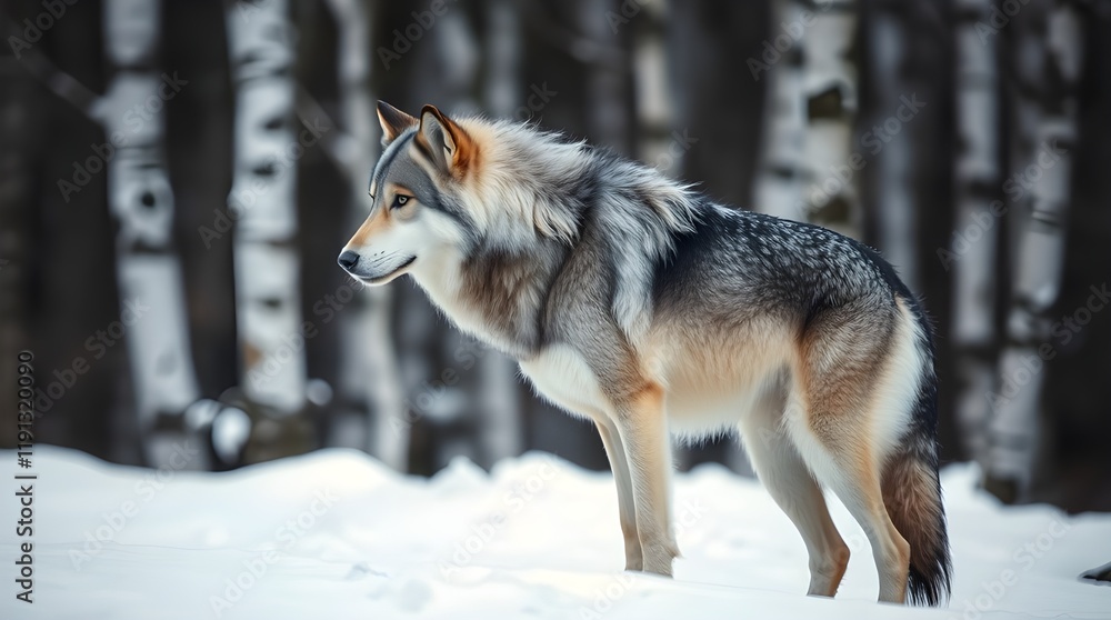 Naklejka premium A dreamlike surreal cinematic image of a large gray and white wolf, its fur shaggy and whiter on its chest and legs, standing in a snowy forest of blurred monochromatic birch trees.