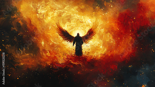Abstract representation of guilt and freedom, with Saint Peter’s anguished figure shattered into pieces around a radiant rooster crowing in the center,