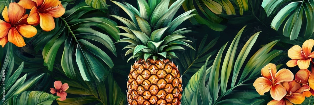 Obraz premium Tropical seamless pattern with vibrant pineapples and colorful flowers showcasing lush greenery in a sunny environment. Generative AI